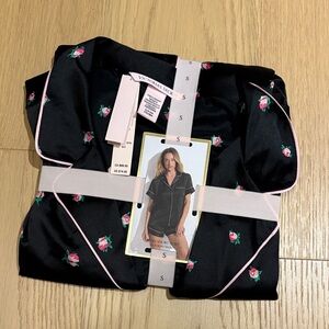 Victoria's Secret Black Satin Pajama Set with Pink Floral